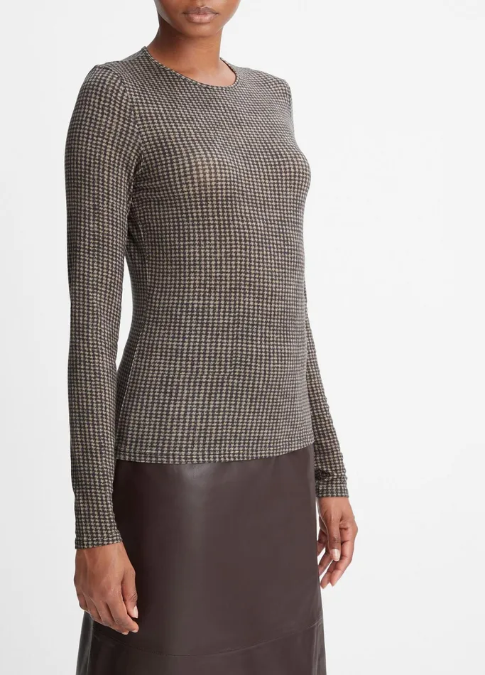 Vince TShirts Women Houndstooth Crew Neck TShirt Blackcamel