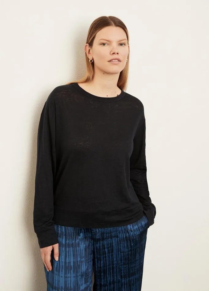 Vince TShirts Women Linen Long Sleeve Pullover TShirt Coastal Blue