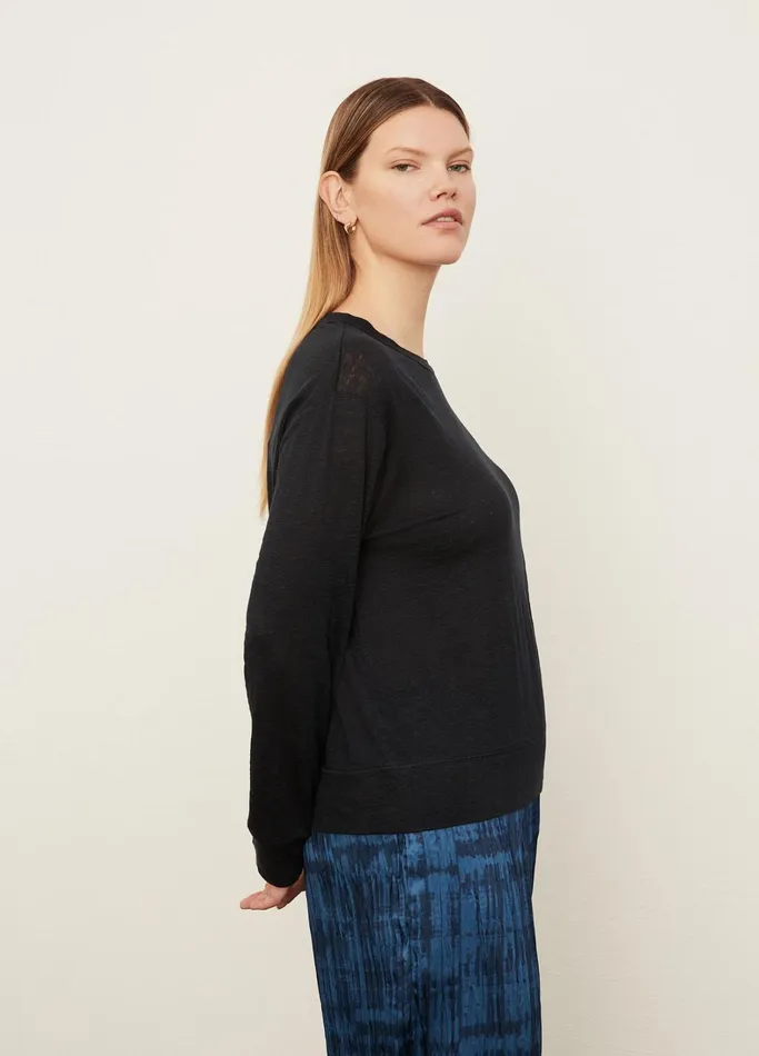 Vince TShirts Women Linen Long Sleeve Pullover TShirt Coastal Blue