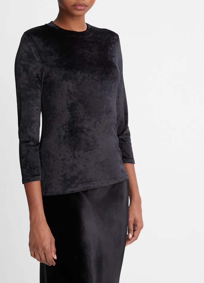 Vince TShirts Women Velour ThreeQuarterSleeve Crew Neck Top Black