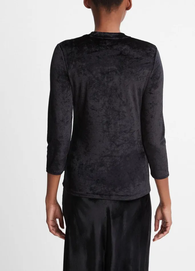 Vince TShirts Women Velour ThreeQuarterSleeve Crew Neck Top Black