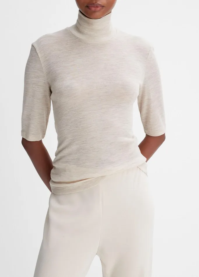 Vince TShirts Women Wool ElbowSleeve Turtleneck Top Heather Sesame