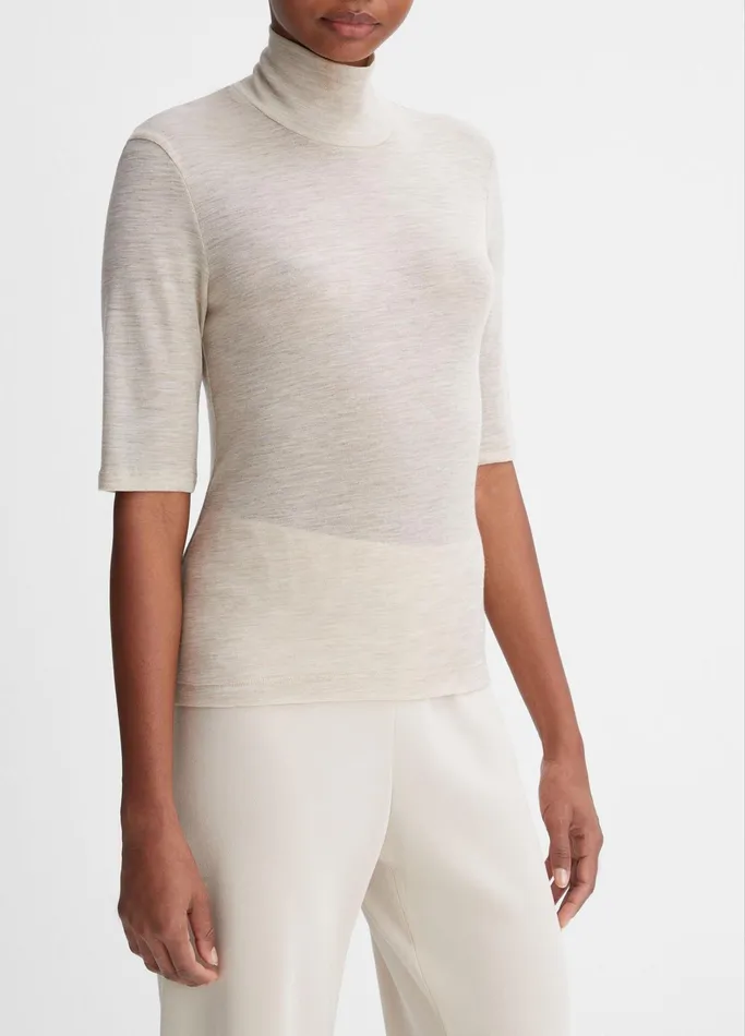 Vince TShirts Women Wool ElbowSleeve Turtleneck Top Heather Sesame