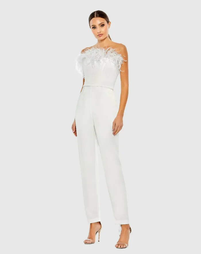 White Strapless Jumpsuit with Feather Trim White Jumpsuits and Rompers Mac Duggal Women