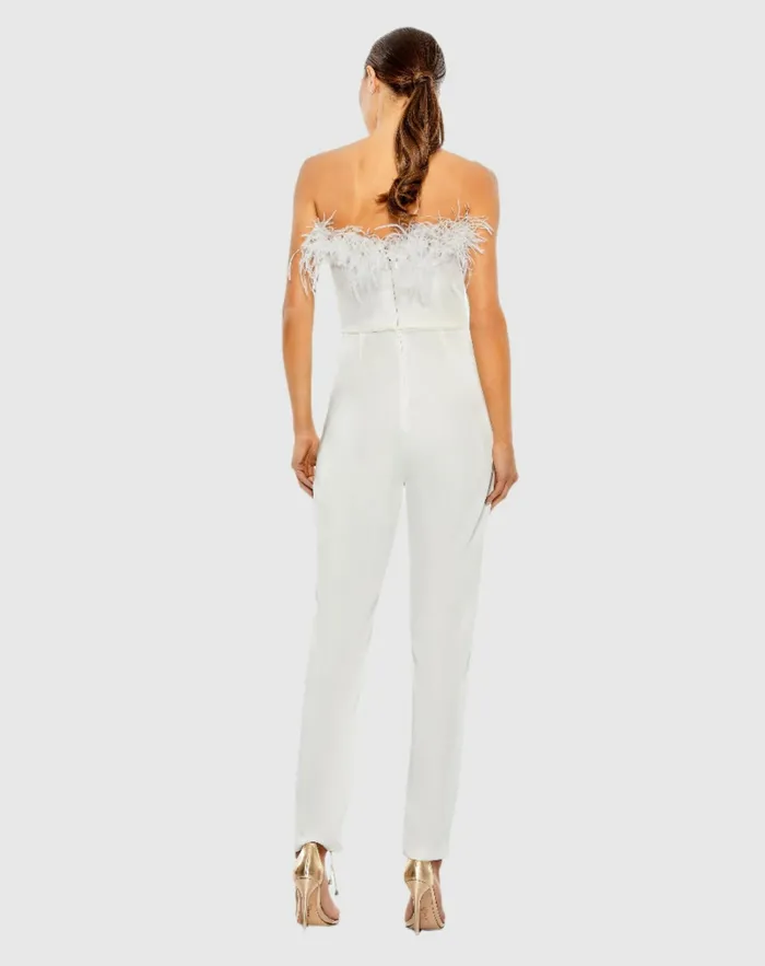 White Strapless Jumpsuit with Feather Trim White Jumpsuits and Rompers Mac Duggal Women White Strapless Jumpsuit with Feather Trim White Jumpsuits and Rompers Mac Duggal Women
