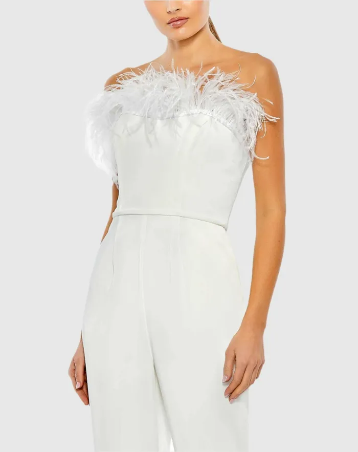 White Strapless Jumpsuit with Feather Trim White Jumpsuits and Rompers Mac Duggal Women White Strapless Jumpsuit with Feather Trim White Jumpsuits and Rompers Mac Duggal Women