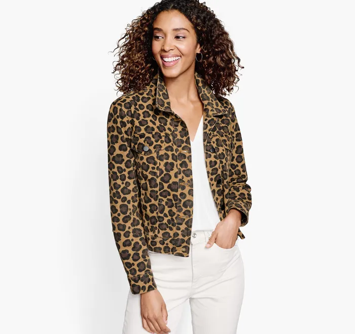 Women AnimalPrint Denim Jacket BrownMulti Apparel and Accessories Johnston and Murphy