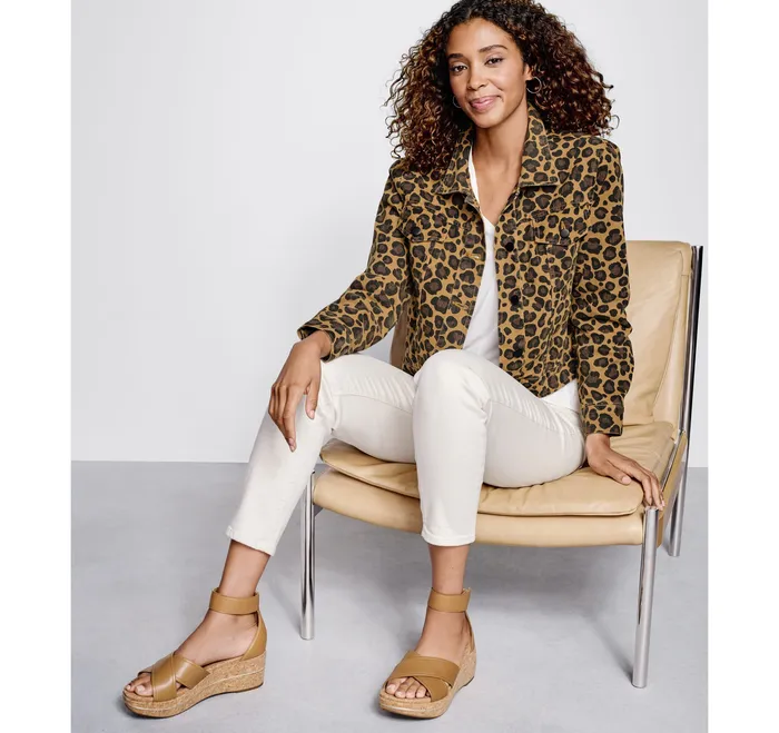 Women AnimalPrint Denim Jacket BrownMulti Apparel and Accessories Johnston and Murphy
