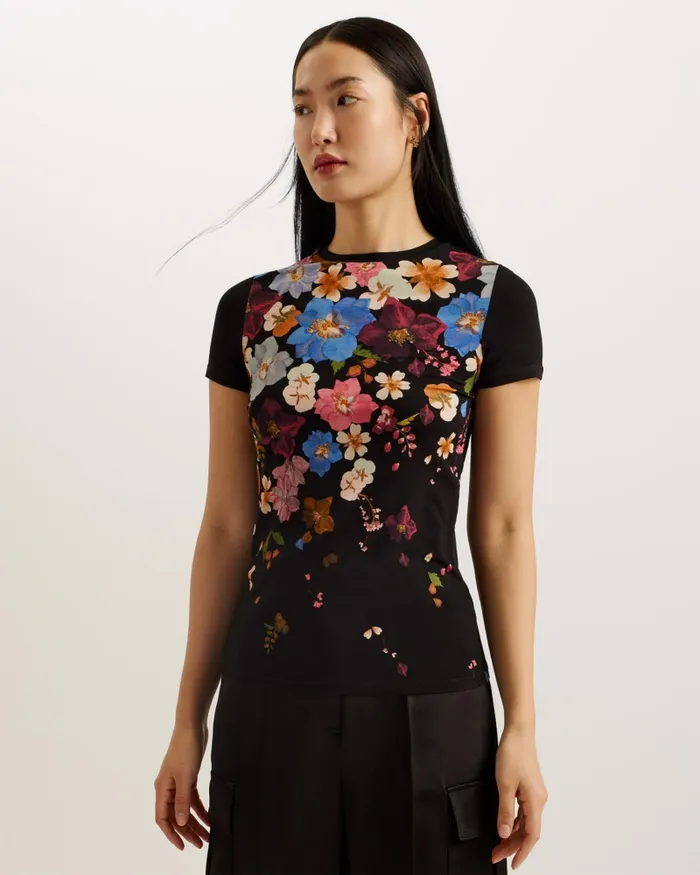 Women BEALAA 8211 Floral Print Fitted TShirt Black Ted Baker Tops and Blouses