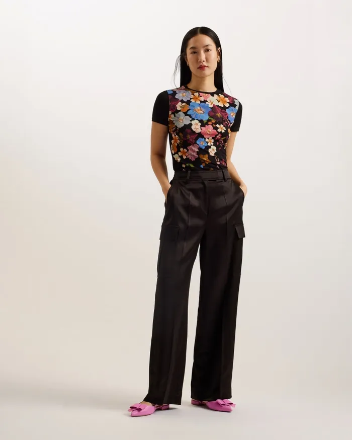 Women BEALAA 8211 Floral Print Fitted TShirt Black Ted Baker Tops and Blouses