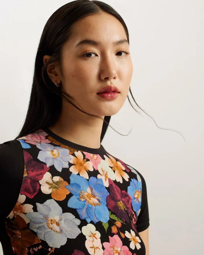 Women BEALAA 8211 Floral Print Fitted TShirt Black Ted Baker Tops and Blouses