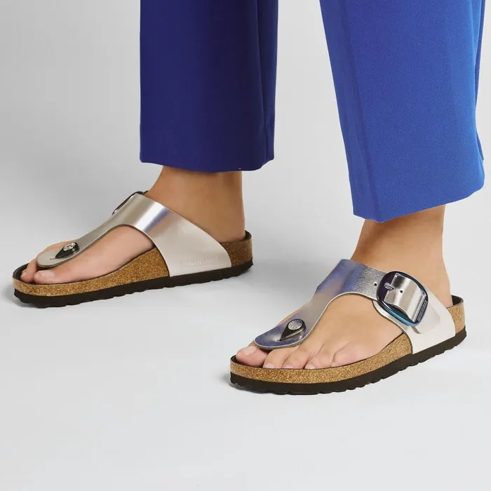 Women Birkenstock Thong Gizeh Big Buckle Metallic Silver