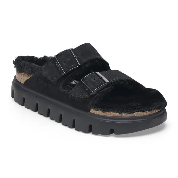 Women Birkenstock TwoStrap Arizona Chunky Shearling Black