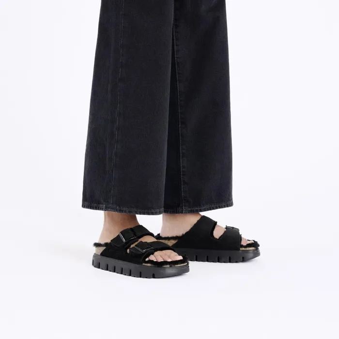 Women Birkenstock TwoStrap Arizona Chunky Shearling Black