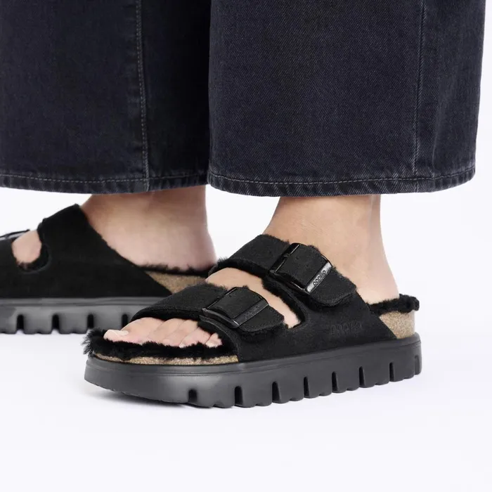 Women Birkenstock TwoStrap Arizona Chunky Shearling Black