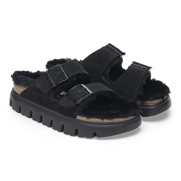 Women Birkenstock TwoStrap Arizona Chunky Shearling Black