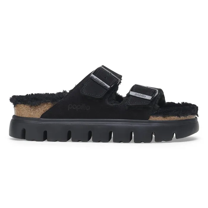 Women Birkenstock TwoStrap Arizona Chunky Shearling Black