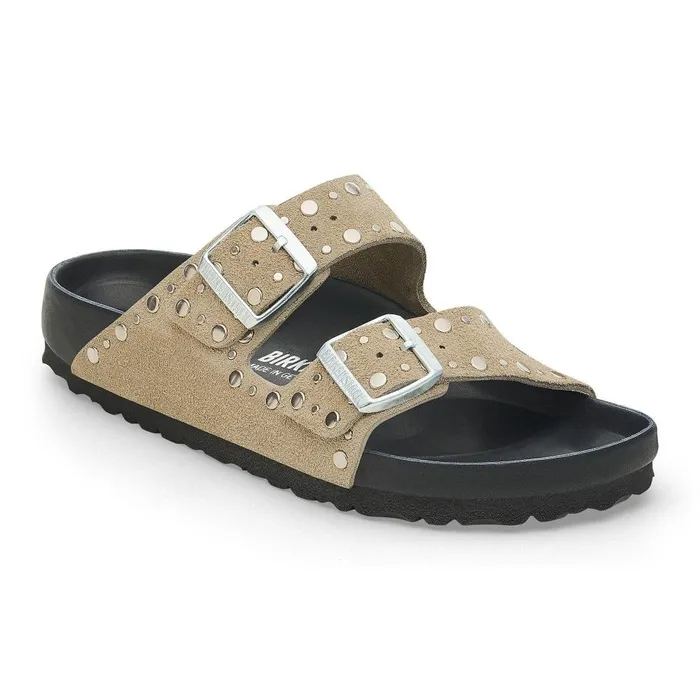 Women Birkenstock TwoStrap Arizona Rivets Taupe