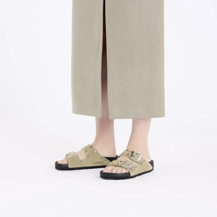Women Birkenstock TwoStrap Arizona Rivets Taupe