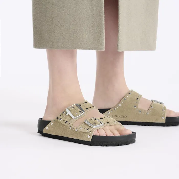 Women Birkenstock TwoStrap Arizona Rivets Taupe