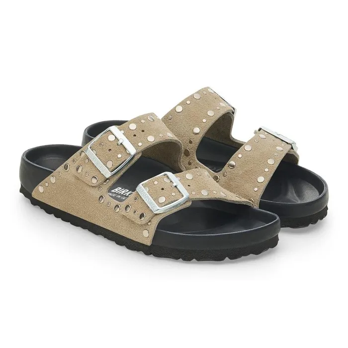 Women Birkenstock TwoStrap Arizona Rivets Taupe