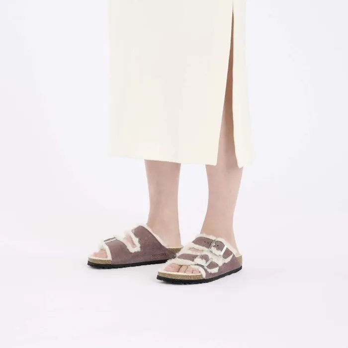 Women Birkenstock TwoStrap Arizona Shearling Faded Purple