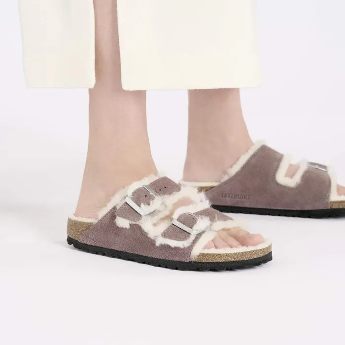 Women Birkenstock TwoStrap Arizona Shearling Faded Purple