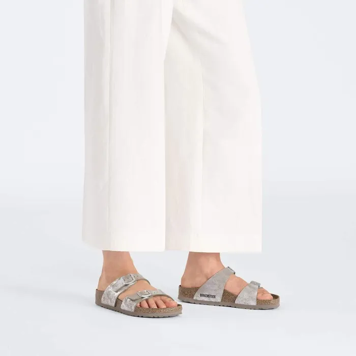 Women Birkenstock TwoStrap Sydney Washed Metallic Silver