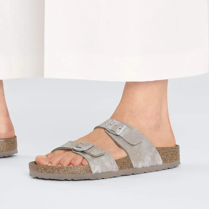 Women Birkenstock TwoStrap Sydney Washed Metallic Silver