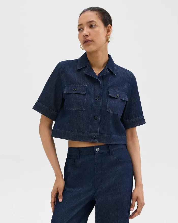 Women Blazers Jackets Theory Boxy ShortSleeve Jacket In Denim Indigo