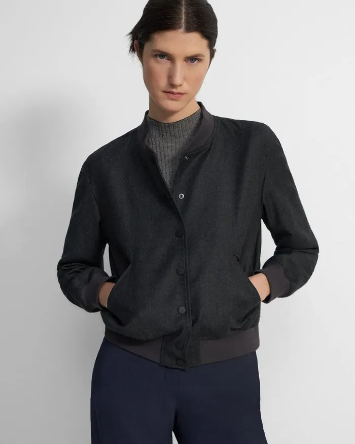 Women Blazers Jackets Theory Varsity Jacket In Sleek Flannel New Charcoal Melange