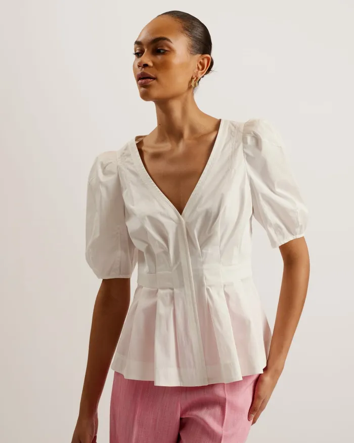 Women BURDUR 8211 Stitch Detail Balloon Sleeve Peplum Top White Ted Baker Tops and Blouses Women BURDUR 8211 Stitch Detail Balloon Sleeve Peplum Top White Ted Baker Tops and Blouses