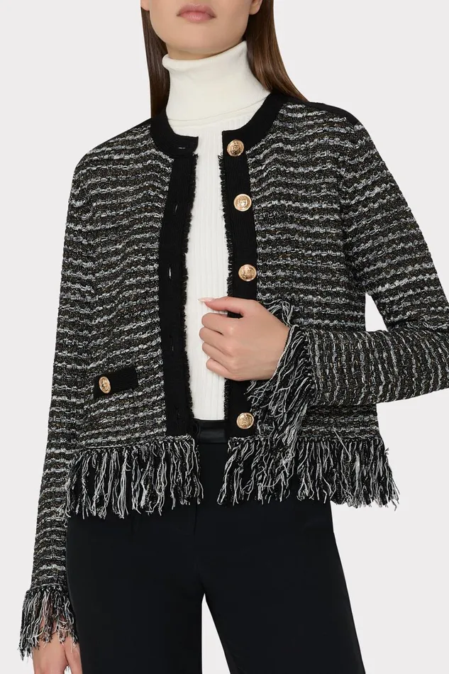 Women Cardigans Milly Metallic Textured Fringe Cardigan Black Gold Multi