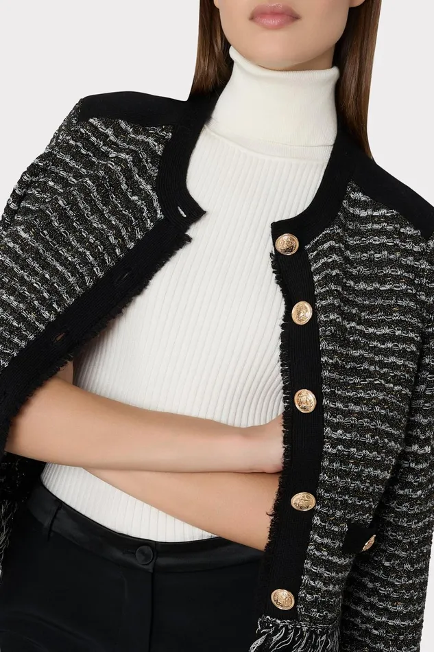 Women Cardigans Milly Metallic Textured Fringe Cardigan Black Gold Multi