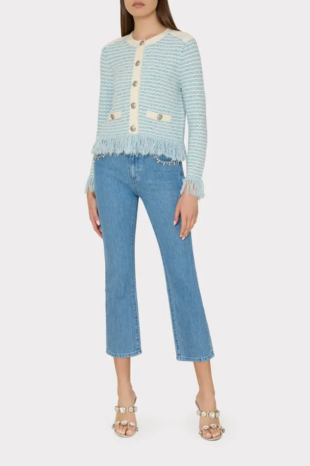 Women Cardigans Milly Textured Fringe Cardigan Jacket Blue Multi Women Cardigans Milly Textured Fringe Cardigan Jacket Blue Multi