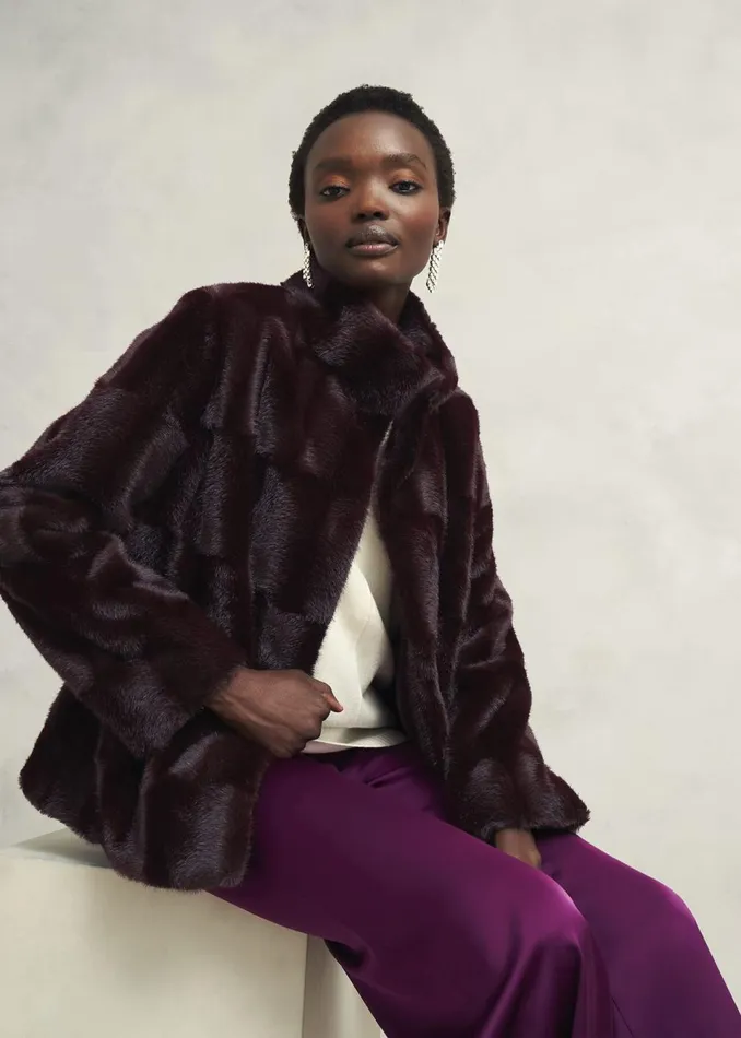 Women Coats and Jackets Hobbs Andrea Faux Fur Coat Wine