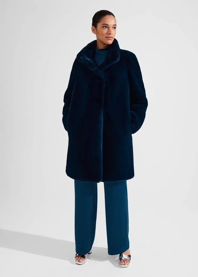 Women Coats and Jackets Hobbs Petite Maddox Faux Fur Coat Steel Blue