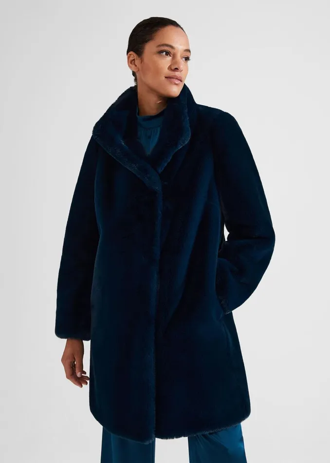 Women Coats and Jackets Hobbs Petite Maddox Faux Fur Coat Steel Blue