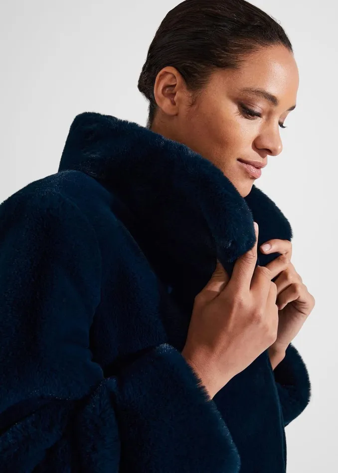 Women Coats and Jackets Hobbs Petite Maddox Faux Fur Coat Steel Blue