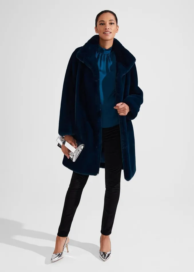 Women Coats and Jackets Hobbs Petite Maddox Faux Fur Coat Steel Blue
