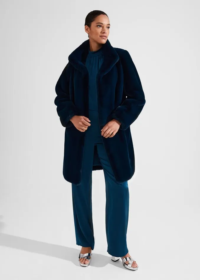 Women Coats and Jackets Hobbs Petite Maddox Faux Fur Coat Steel Blue