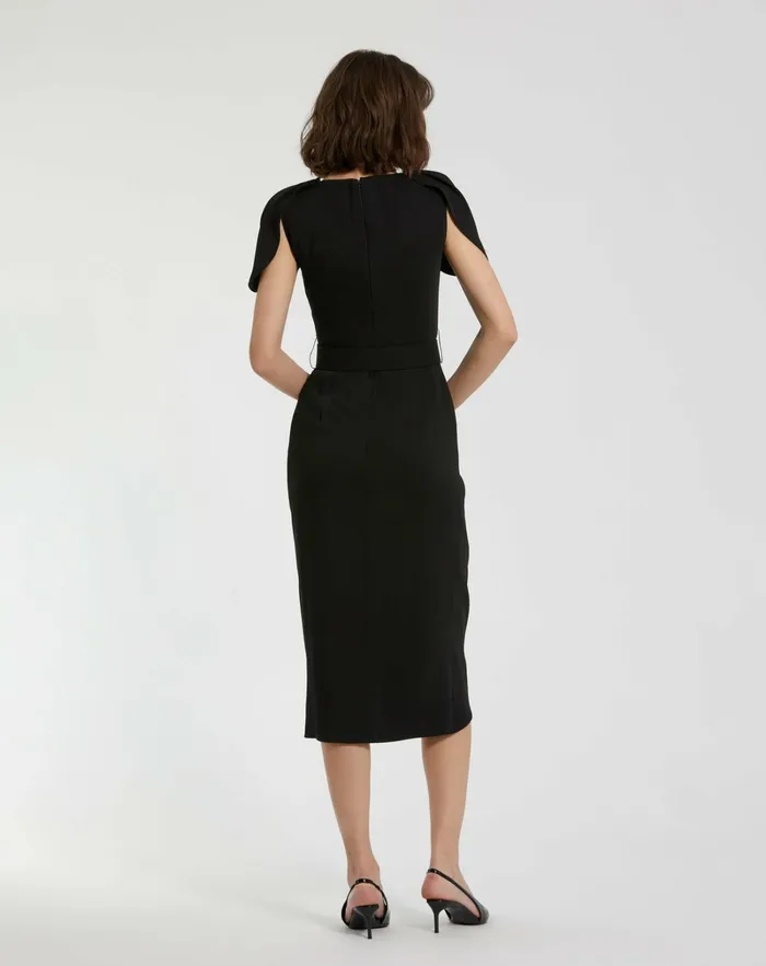 Women Crepe Boat Neck Midi Tulip Dress With Belt Black Every Day Dresses Mac Duggal