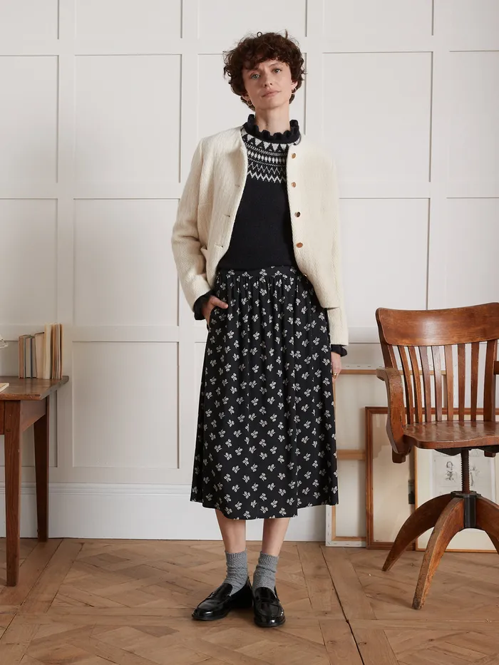 Women Cyrillus Clothing Diane Print MidLength Dobby Viscose Skirt Imp Diane Navy Noir