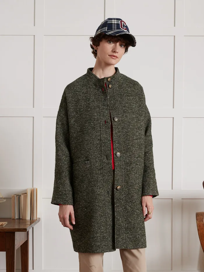 Women Cyrillus Clothing Loose Speckled Twill Coat Vert
