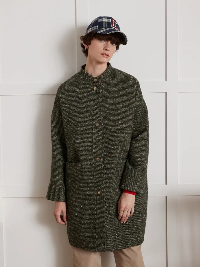 Women Cyrillus Clothing Loose Speckled Twill Coat Vert