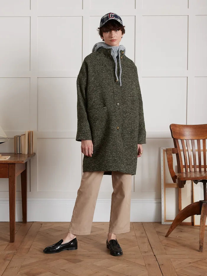 Women Cyrillus Clothing Loose Speckled Twill Coat Vert