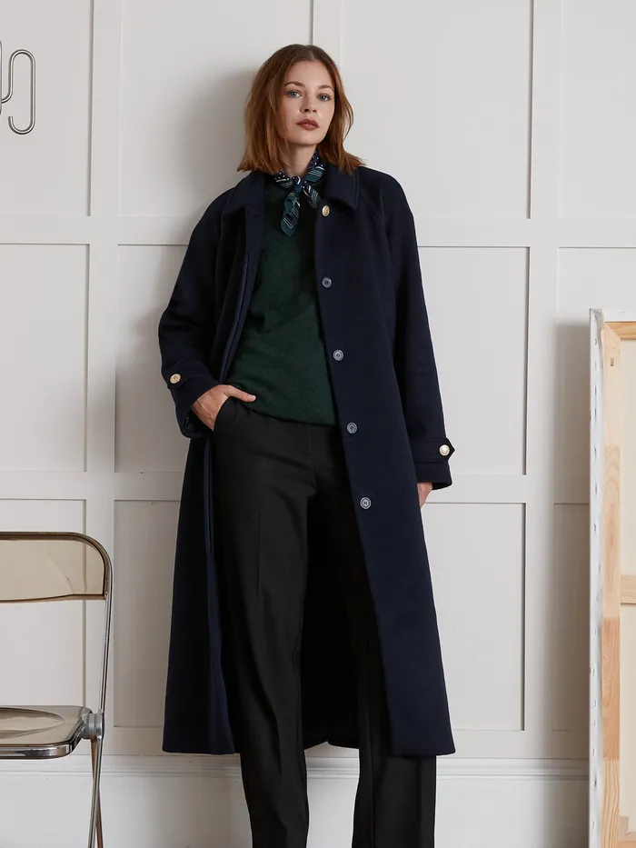Women Cyrillus Clothing MidLength Double Woolen Fabric Wrap Around Coat Encre