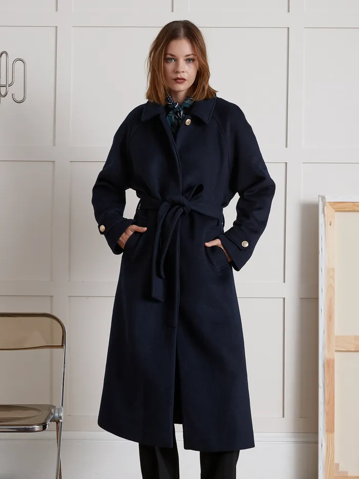 Women Cyrillus Clothing MidLength Double Woolen Fabric Wrap Around Coat Encre