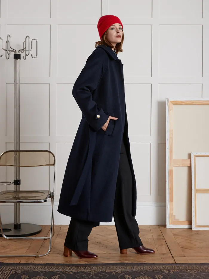 Women Cyrillus Clothing MidLength Double Woolen Fabric Wrap Around Coat Encre