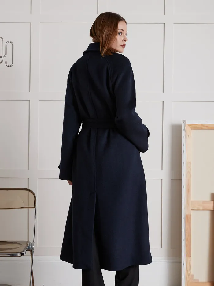 Women Cyrillus Clothing MidLength Double Woolen Fabric Wrap Around Coat Encre